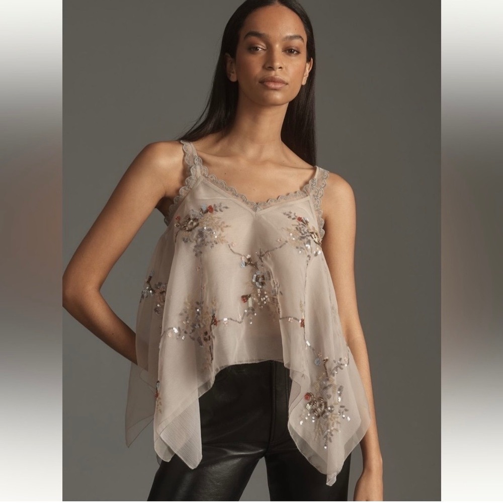 NWT-Let Me Be Anthropologie Camisole XL Cream Sequin Floral Hanky Hem Boho Fairy